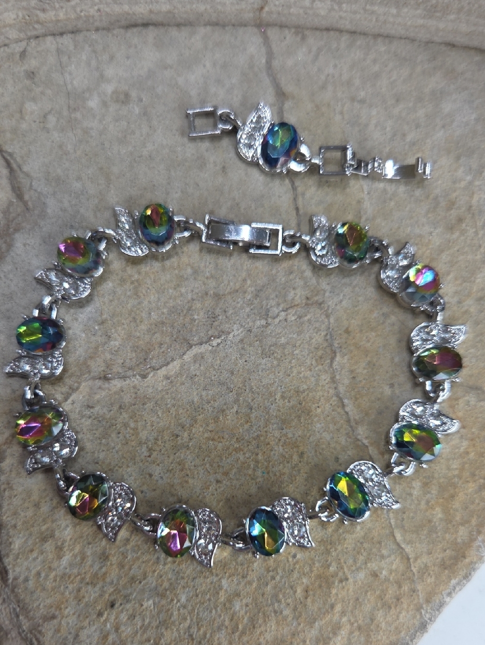 Silver Tone Bracelet with Multicolor Mystic Stones - Carnival Glass